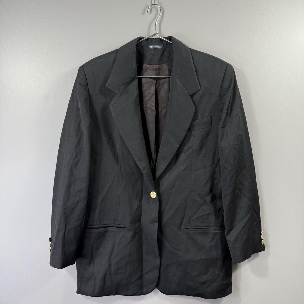 Vintage Burberrys Blazer Womens 12 Black 100% Wool Gold Buttons Lined Tailored